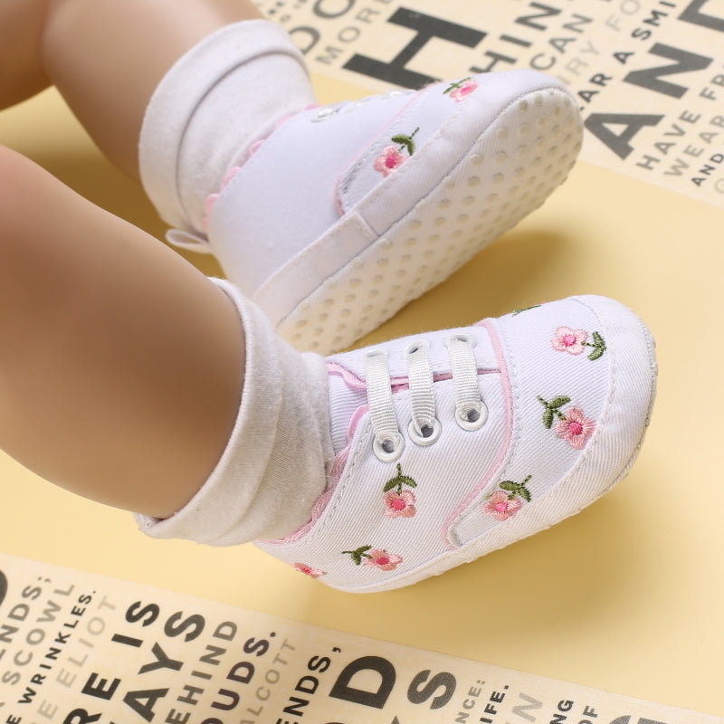 Baby Girl Floral Embroidered Canvas Sneakers - Soft Sole First Walking Shoes