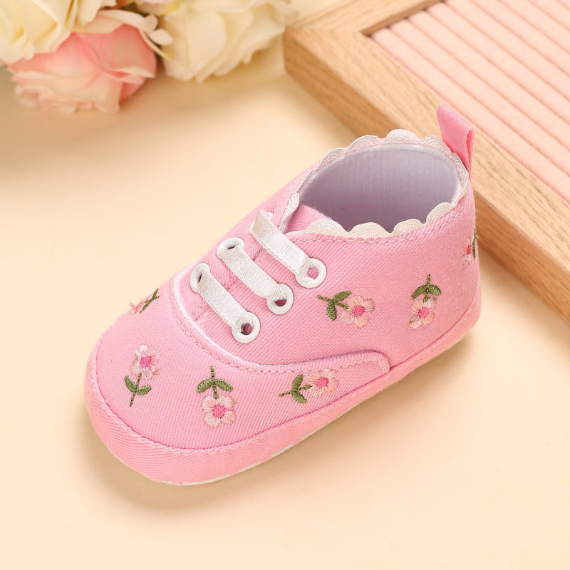 Baby Girl Floral Embroidered Canvas Sneakers - Soft Sole First Walking Shoes