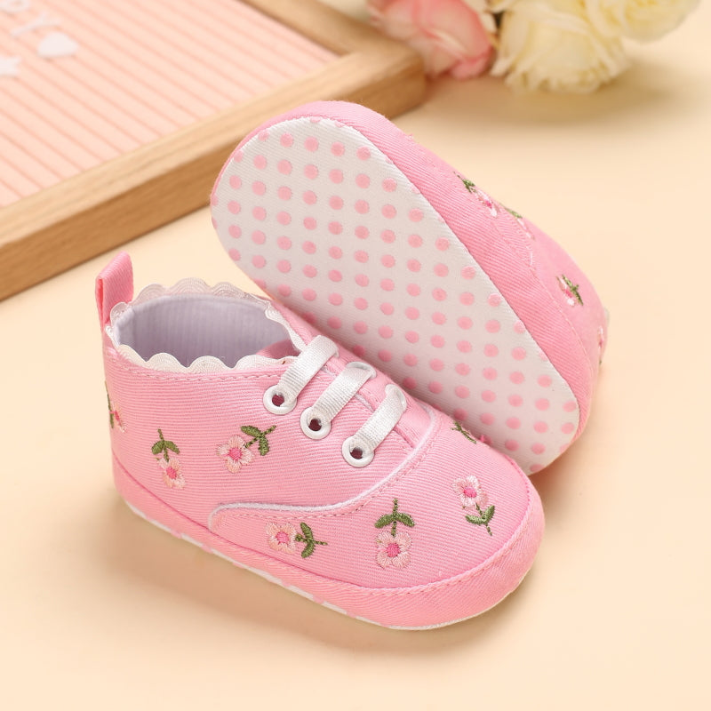 Baby Girl Floral Embroidered Canvas Sneakers - Soft Sole First Walking Shoes