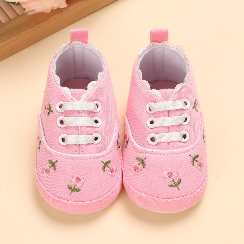 Baby Girl Floral Embroidered Canvas Sneakers - Soft Sole First Walking Shoes