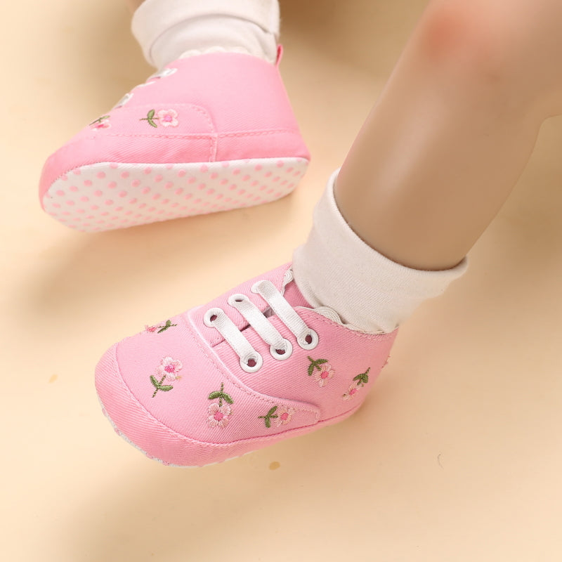 Baby Girl Floral Embroidered Canvas Sneakers - Soft Sole First Walking Shoes