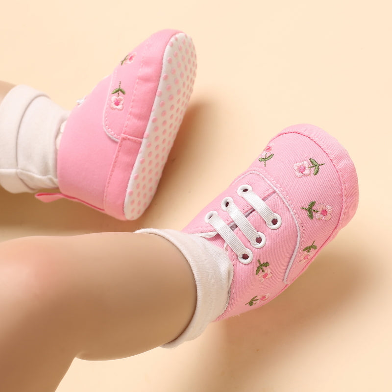 Baby Girl Floral Embroidered Canvas Sneakers - Soft Sole First Walking Shoes
