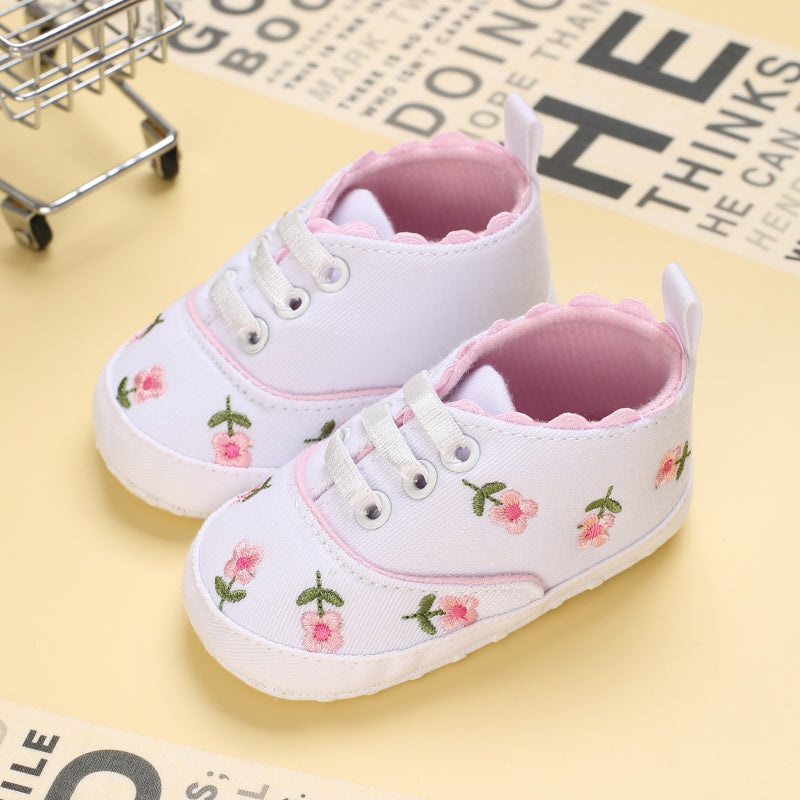 Baby Girl Floral Embroidered Canvas Sneakers - Soft Sole First Walking Shoes