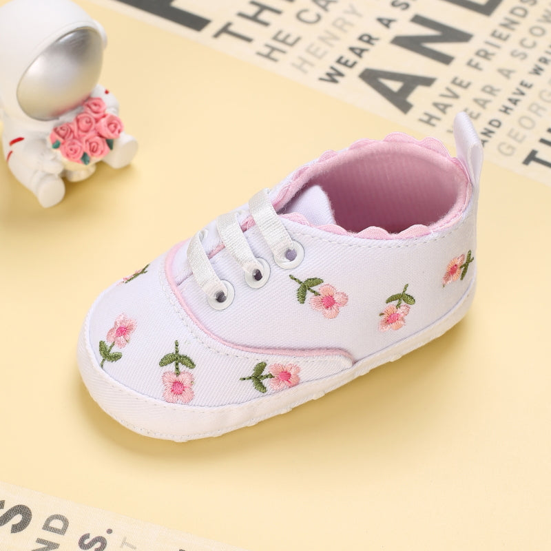 Baby Girl Floral Embroidered Canvas Sneakers - Soft Sole First Walking Shoes