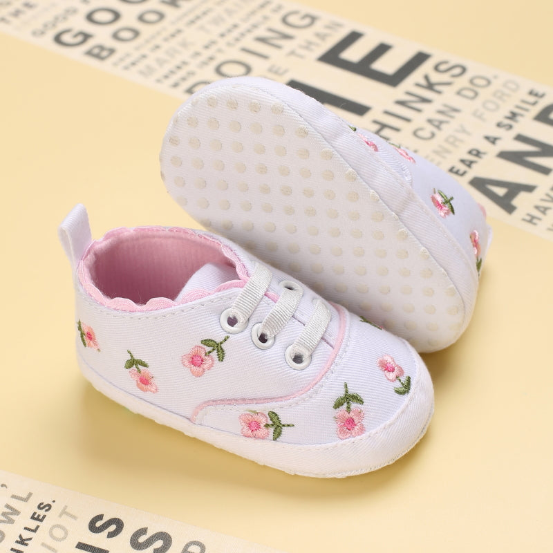 Baby Girl Floral Embroidered Canvas Sneakers - Soft Sole First Walking Shoes