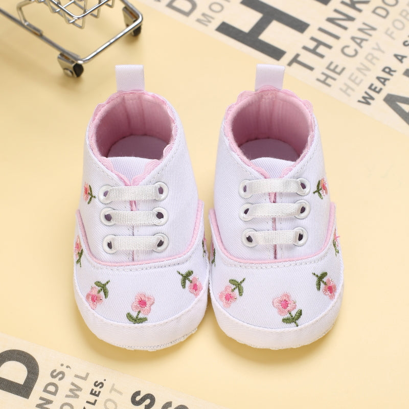 Baby Girl Floral Embroidered Canvas Sneakers - Soft Sole First Walking Shoes