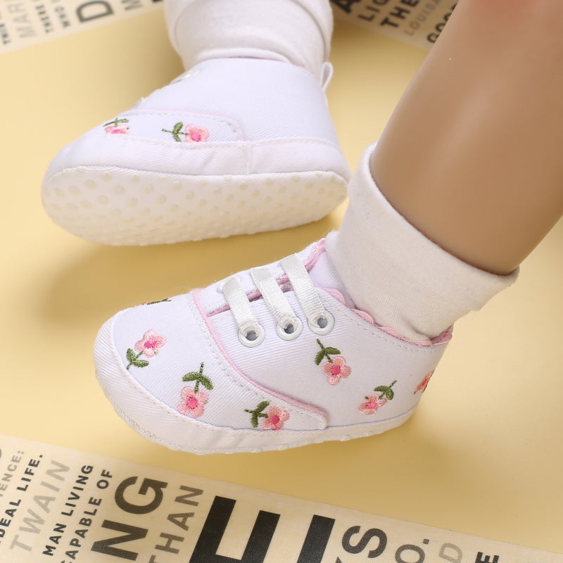 Baby Girl Floral Embroidered Canvas Sneakers - Soft Sole First Walking Shoes